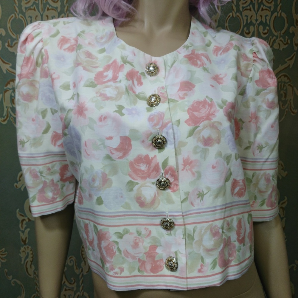 Vintage 80s Cropped Floral Button Front Top Blouse Size M